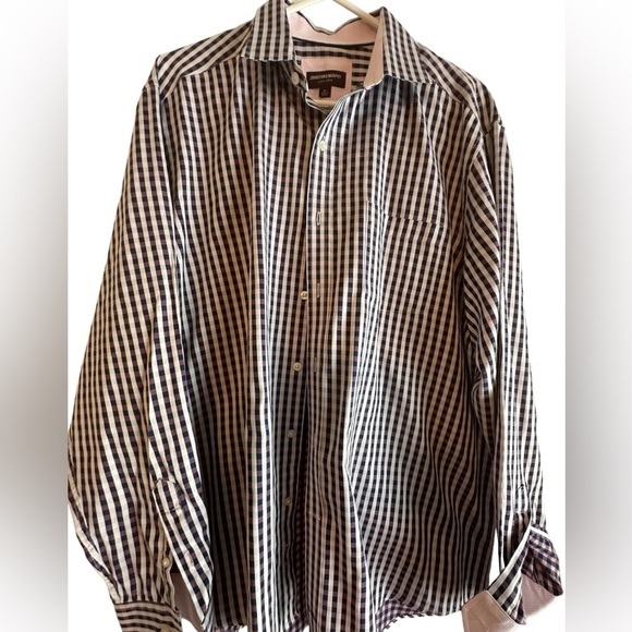 Men's Johnston & Murphy Button Front Shirt Medium Pink Plaid XL - Picture 1 of 5